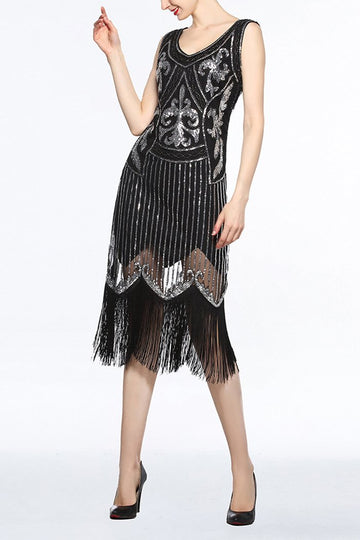 Women Navy V Neck 1920s Fringe Sequin Flapper Dress